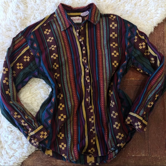 Vintage Tops - Vintage | Western Aztec Boho Button Down Shirt
